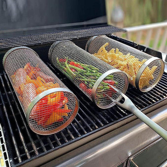 Rolling BBQ Grilling Basket Metal Portable Barbecue Cooking Rack