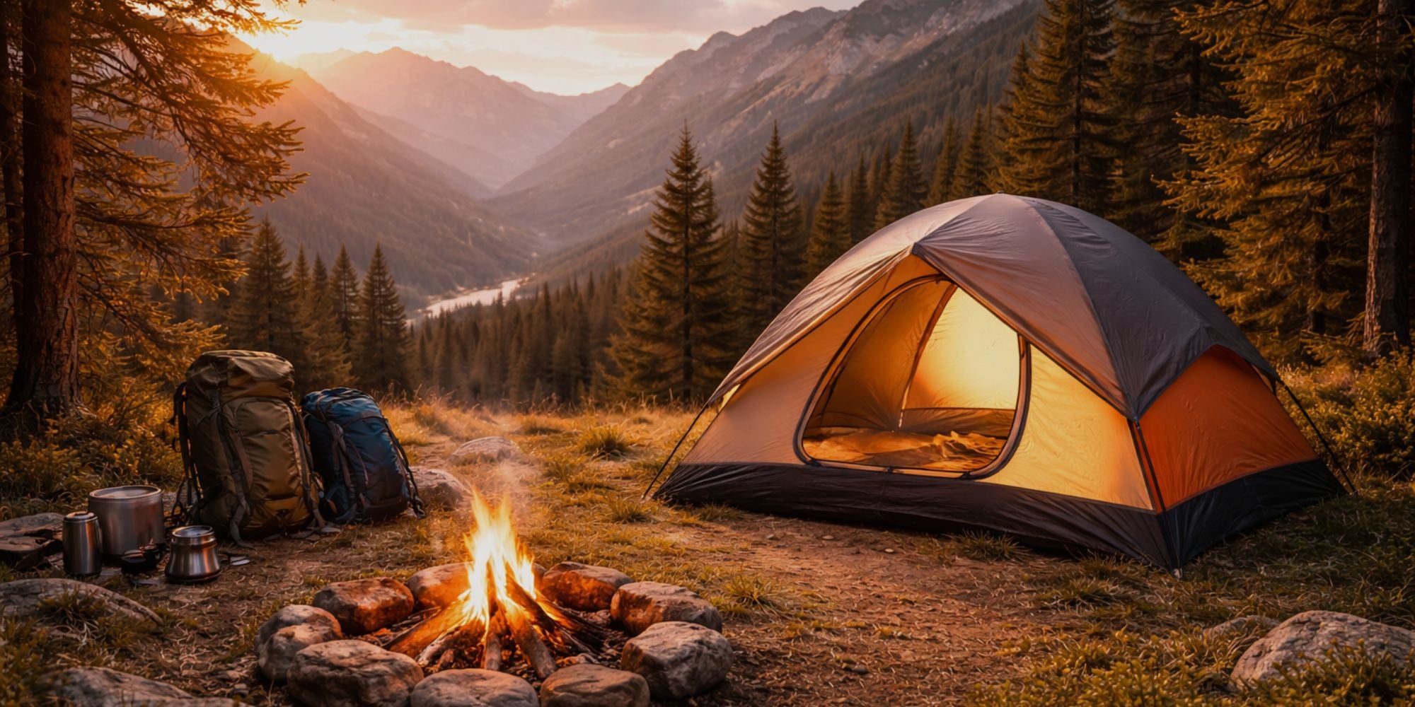 Camping scene with a tent, backpack, and campfire in a mountainous forest at sunset.

