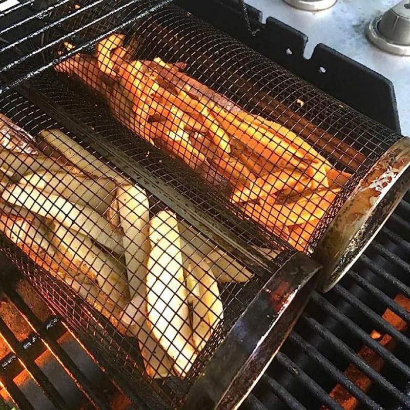 Rolling BBQ Grilling Basket Metal Portable Barbecue Cooking Rack