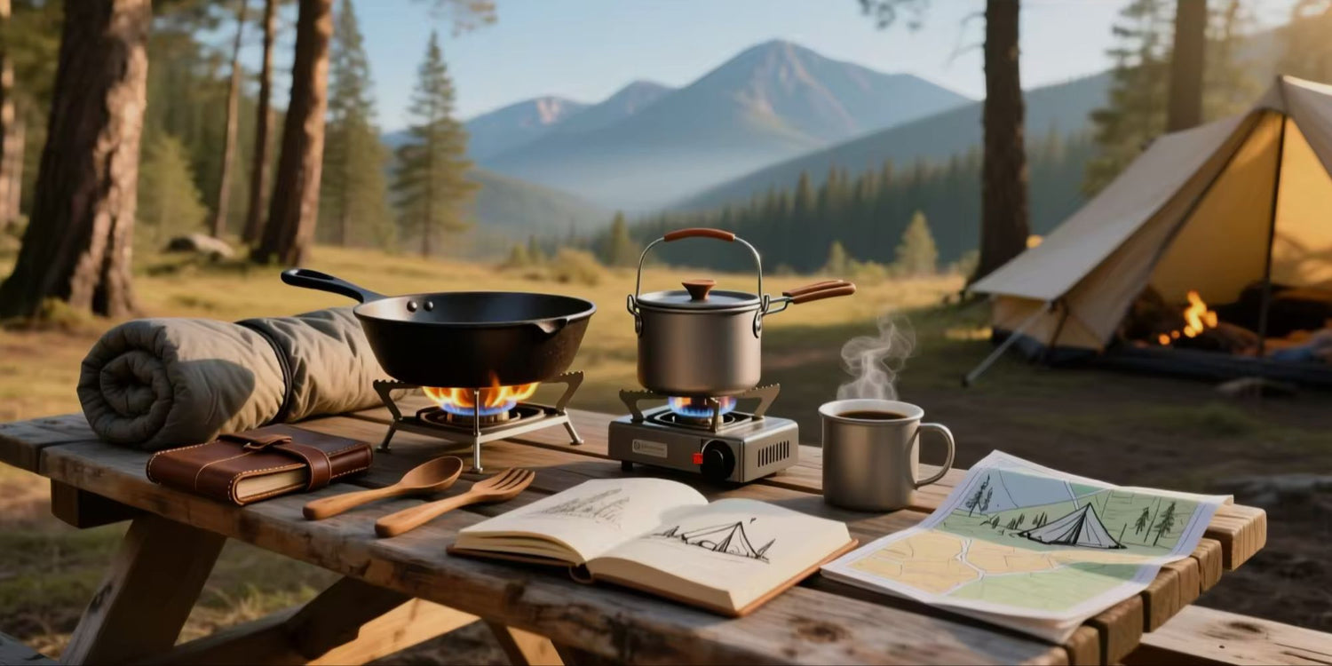 Camping scene with cooking equipment on a picnic table in a forest with mountains in the background.

