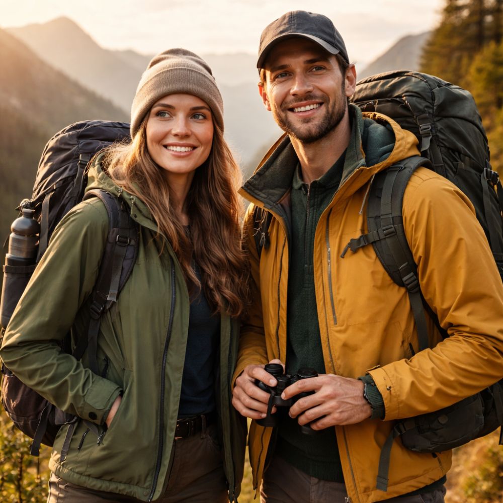 Two hikers with backpacks and binoculars in a mountainous landscape

