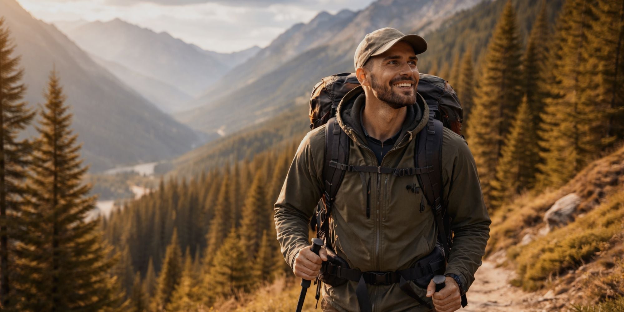 Man hiking with a backpack in a mountainous forest

