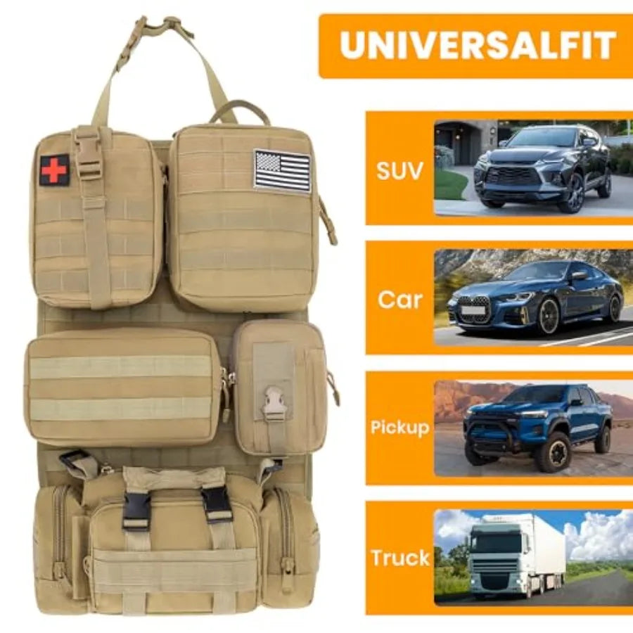 6 Pack Tactical MOLLE Car Seat Back Organizer - Universal Vehicle Storage Bag with 5 Detachable MOLLE Pouches, US Flag Patch, F
