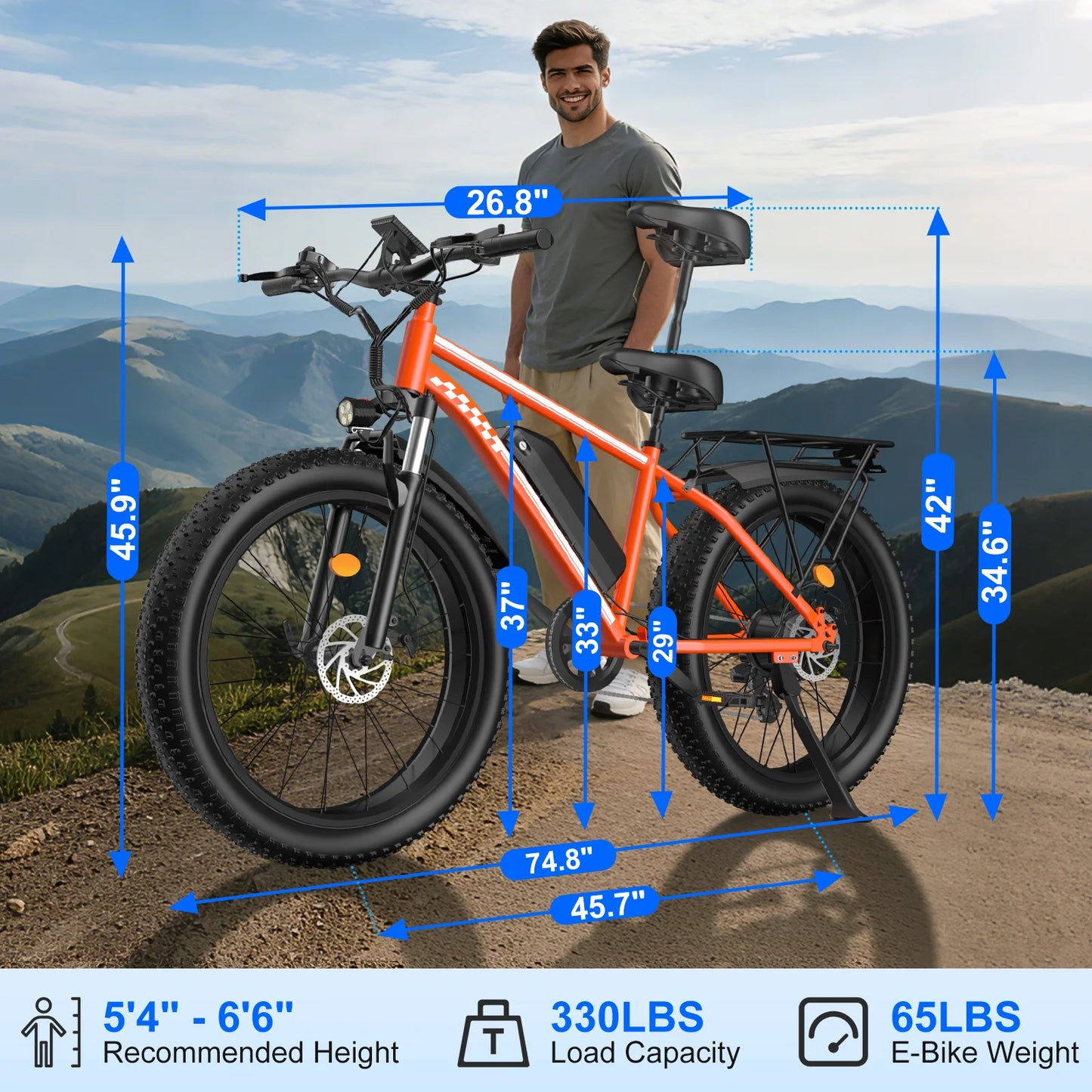 OBX-EB26 E-Bike Electric Bike for Adults 1000W Motor 48V 15Ah Battery 26 Inch Fat Tire E-Bike Disc Brake 28MPH 55KM Range