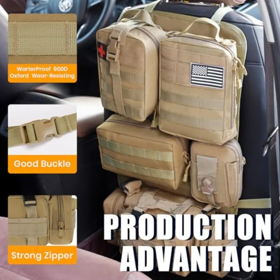 6 Pack Tactical MOLLE Car Seat Back Organizer - Universal Vehicle Storage Bag with 5 Detachable MOLLE Pouches, US Flag Patch, F