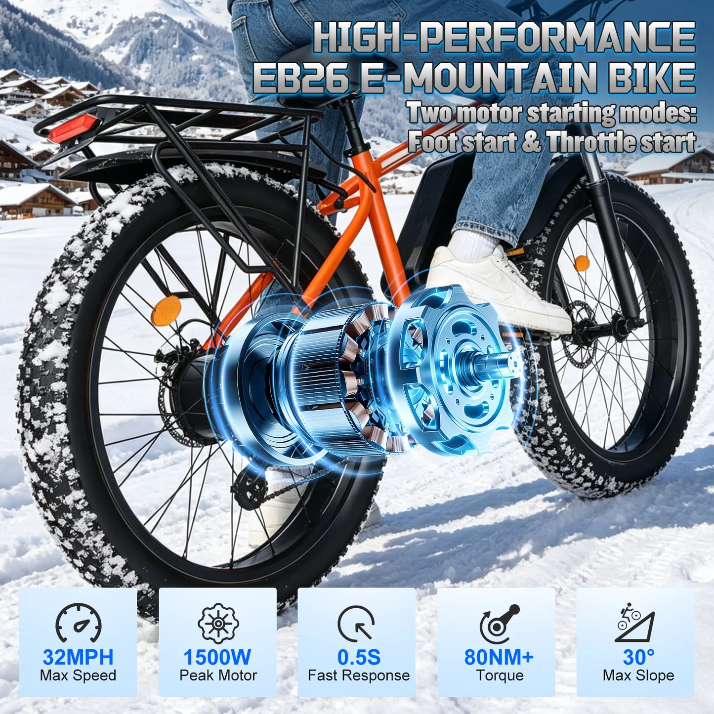 OBX-EB26 E-Bike Electric Bike for Adults 1000W Motor 48V 15Ah Battery 26 Inch Fat Tire E-Bike Disc Brake 28MPH 55KM Range