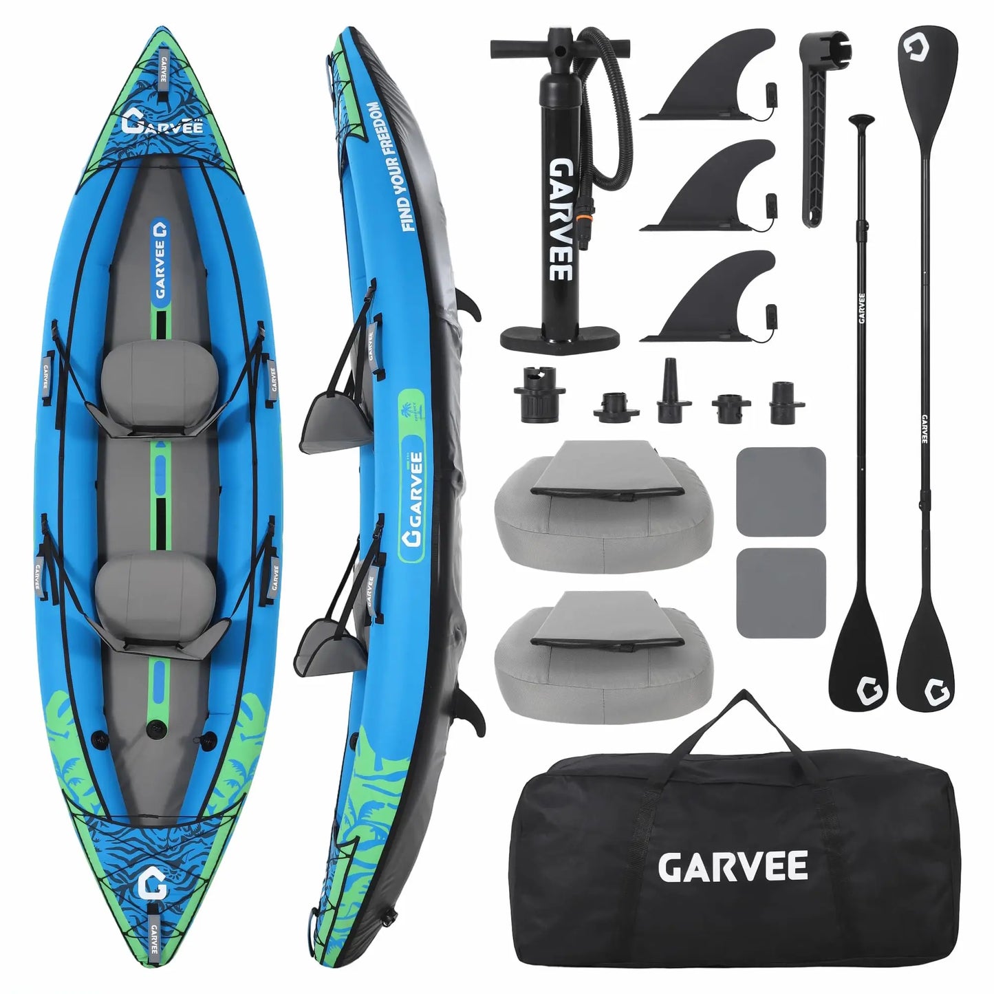 Inflatable 1/2-Person Fishing Kayak for Adults – Durable PVC Collapsible & Portable - with Padded Seats/Removable Fins/Hand Pump/Carry Bag & Repair Kit for Lake River Recreation Touring