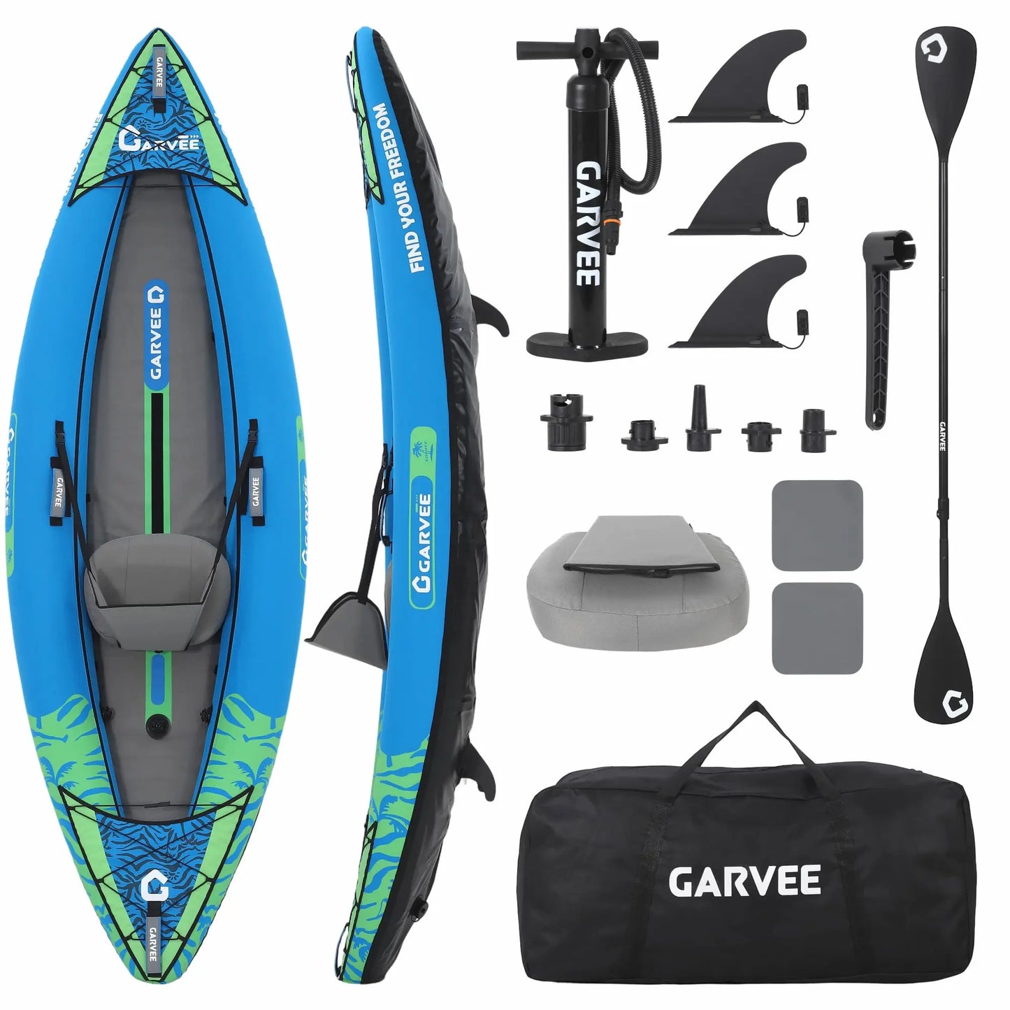 Inflatable 1/2-Person Fishing Kayak for Adults – Durable PVC Collapsible & Portable - with Padded Seats/Removable Fins/Hand Pump/Carry Bag & Repair Kit for Lake River Recreation Touring