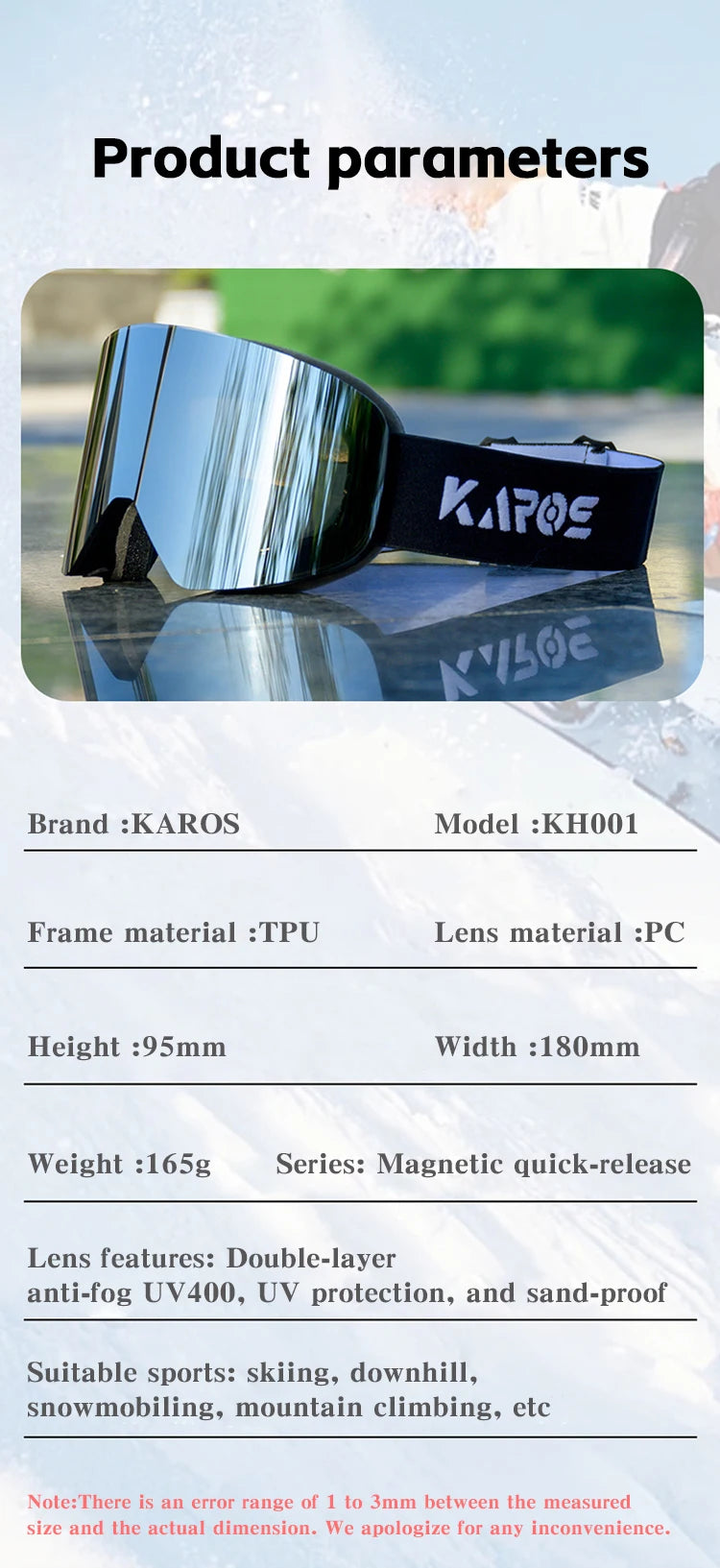 KAROS Magnetic Double Layer Anti-Fog Ski Goggles Windproof UV400 Snowboard Goggles for Winter Sports Unisex