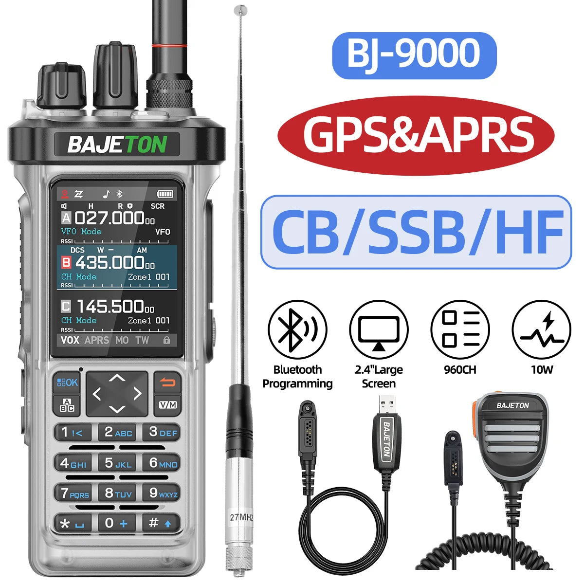 BAJETON BJ-9000 Walkie Talkie CB/SSB/HF 27Mhz Bluetooth Programmable GPS APRS 10W Long Rang For RT-950 RT-950 PRO Ham Radio