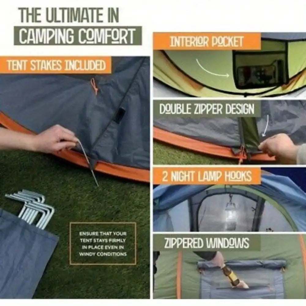 4-Person Pop Up Camping Tent – Instant Easy Setup, Waterproof & UPF50+ Sun Protection, 2 Doors Family Outdoor Shelter