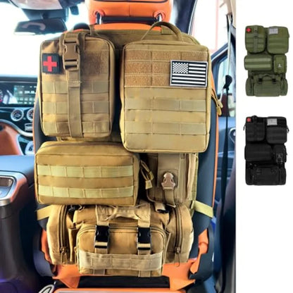 6 Pack Tactical MOLLE Car Seat Back Organizer - Universal Vehicle Storage Bag with 5 Detachable MOLLE Pouches, US Flag Patch, F
