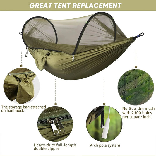 WESTTUNE Outdoor Camping Hammock with Mosquito Net Automatic Quick Opening Hanging Hammocks Fabric Hanging Sleeping Swing Bed