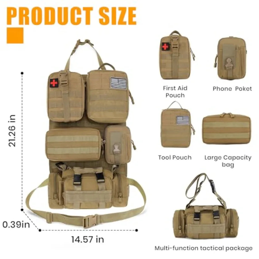 6 Pack Tactical MOLLE Car Seat Back Organizer - Universal Vehicle Storage Bag with 5 Detachable MOLLE Pouches, US Flag Patch, F