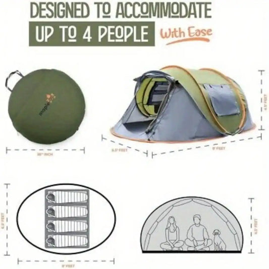 4-Person Pop Up Camping Tent – Instant Easy Setup, Waterproof & UPF50+ Sun Protection, 2 Doors Family Outdoor Shelter