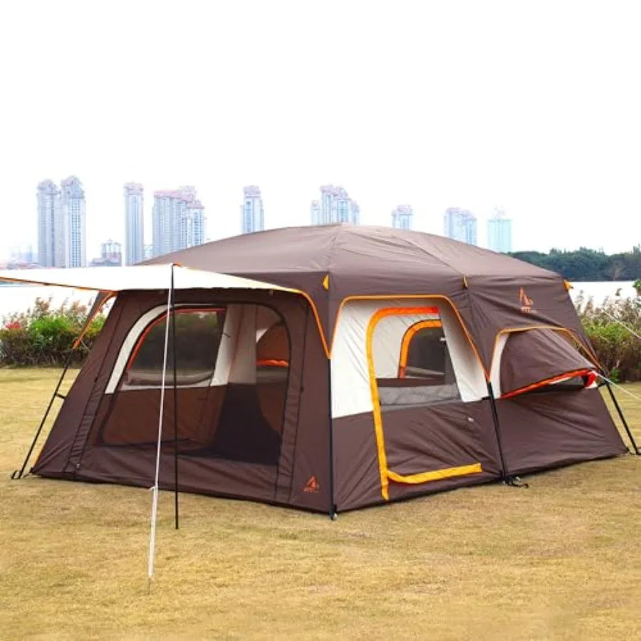 Extra Large Tent 12 PersonFamily Cabin Tents 2 Bay-Windows 2 Rooms and 3 Doors 3 Windows with Mesh Waterproof Straight Wall Dou
