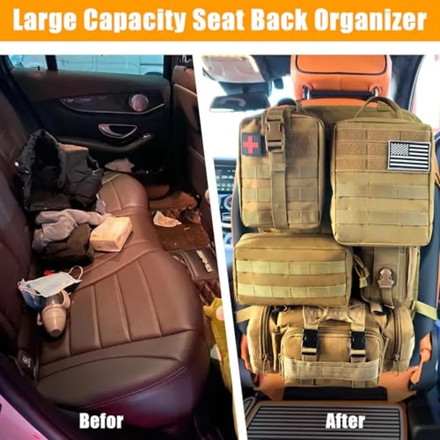 6 Pack Tactical MOLLE Car Seat Back Organizer - Universal Vehicle Storage Bag with 5 Detachable MOLLE Pouches, US Flag Patch, F