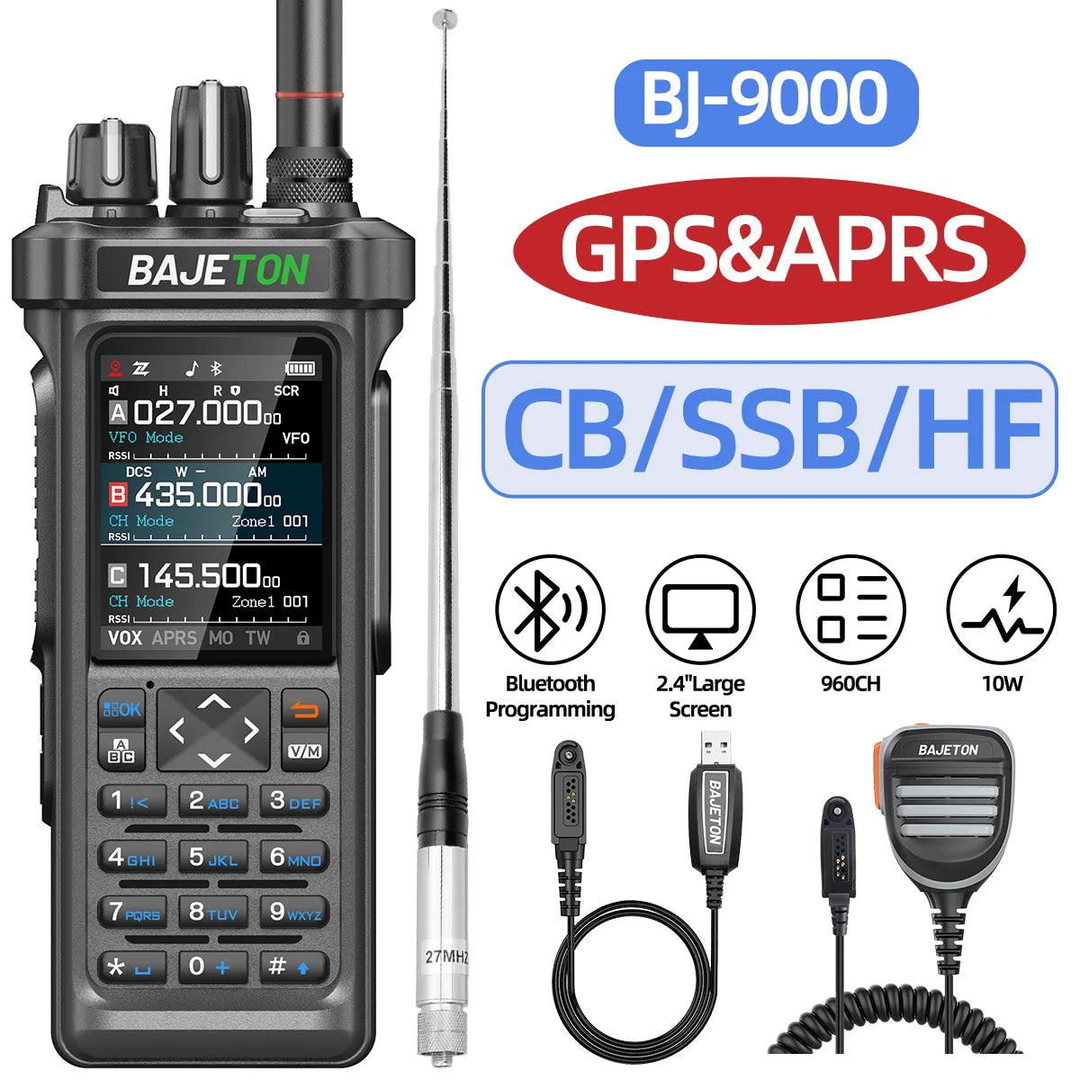 BAJETON BJ-9000 Walkie Talkie CB/SSB/HF 27Mhz Bluetooth Programmable GPS APRS 10W Long Rang For RT-950 RT-950 PRO Ham Radio