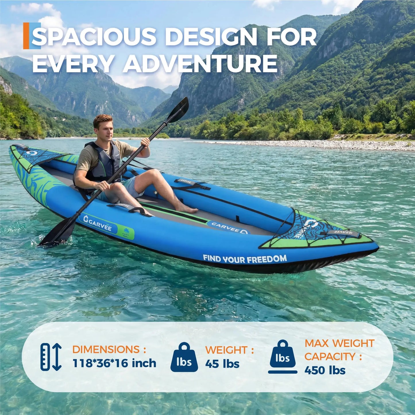 Inflatable 1/2-Person Fishing Kayak for Adults – Durable PVC Collapsible & Portable - with Padded Seats/Removable Fins/Hand Pump/Carry Bag & Repair Kit for Lake River Recreation Touring