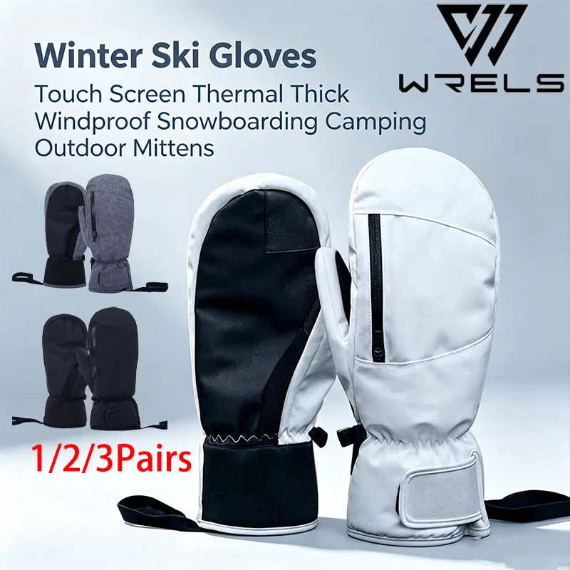 1/2/3 Pairs Ski Gloves Thermal Thick Gloves Windproof Anti-Cold Warm Touch Screen Snowboarding Winter Women Men Outdoor Mittens