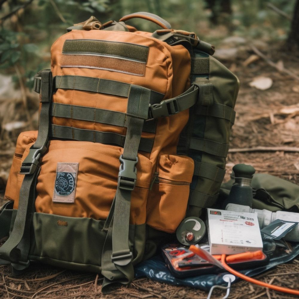 Orange and green backpack with camping gear on a forest floor

